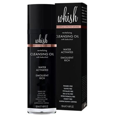 Whish Revitalizing Cleansing Oil with Bakuchiol - Detergent &amp; Soap Free Face Wash - Water-Activated Rich Oil Cleanser to Gently Remove Stubborn Makeup - With Natural Retinol Alternative - 4 fl oz
