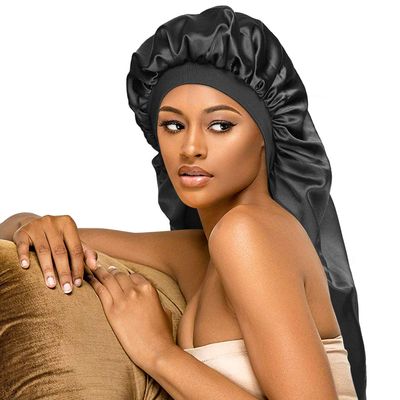 Long Satin Bonnet Sleep Cap,Black Extra Large Silk Bonnet for Natural Hair, Bonnets for Women Night Sleep,Wide Elastic Band, Very Soft &amp; Comfortable (Black)