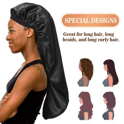 Long Satin Bonnet Sleep Cap,Black Extra Large Silk Bonnet for Natural Hair, Bonnets for Women Night Sleep,Wide Elastic Band, Very Soft & Comfortable (Black)