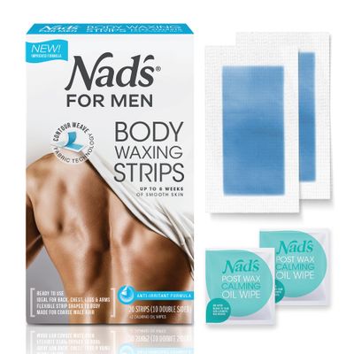 Nad&#39;s For Men Body Wax Strips - Wax Hair Removal For Men - At Home Waxing Kit With 20 Waxing Strips + 2 Calming Oil Wipes