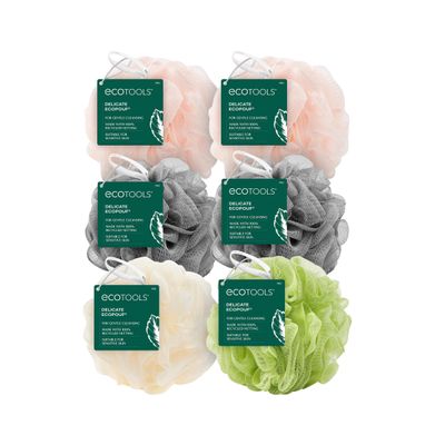 EcoTools Delicate EcoPouf Bath Sponge, Made With Recycled Materials, Exfoliating Bath Pouf, Loofah for Shower &amp; Bath, In Assorted Colors, Green, White, Pink, and Gray, Perfect for Men &amp; Women, 6 Count