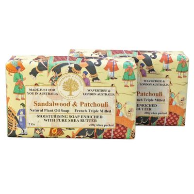 Wavertree &amp; London Sandalwood &amp; Patchouli Scented Natural Soap (2 Bars), 7oz Moisturizing French Triple Milled Soap Bars enriched with shea butter - Pure Plant Oil Bath &amp; Body Soap for All Skin Types