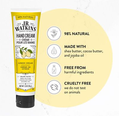 J.R. Watkins Natural Moisturizing Hand Cream, Hydrating Hand Moisturizer with Shea Butter, Cocoa Butter, and Avocado Oil, USA Made and Cruelty Free, 3.3oz, Lemon Cream, Single