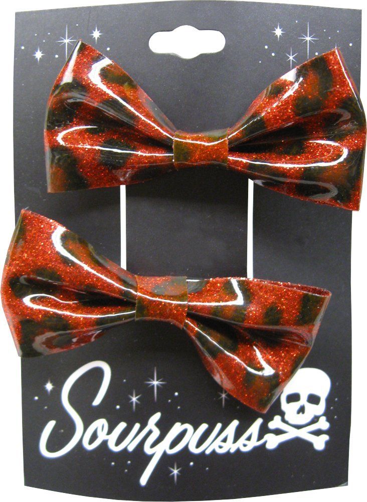 Red Leopard Glitter Hair Bow Clips - Set of Two - From Sourpuss Clothing