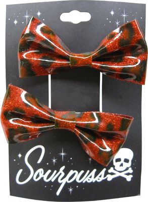 Red Leopard Glitter Hair Bow Clips - Set of Two - From Sourpuss Clothing