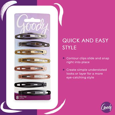 Goody Metal Contour Hair Snap Clips - 8 Count, Assorted Colors - Just Snap Into Place - Suitable for All Hair Types - Pain-Free Hair Accessories for Women and Girls - All Day Comfort