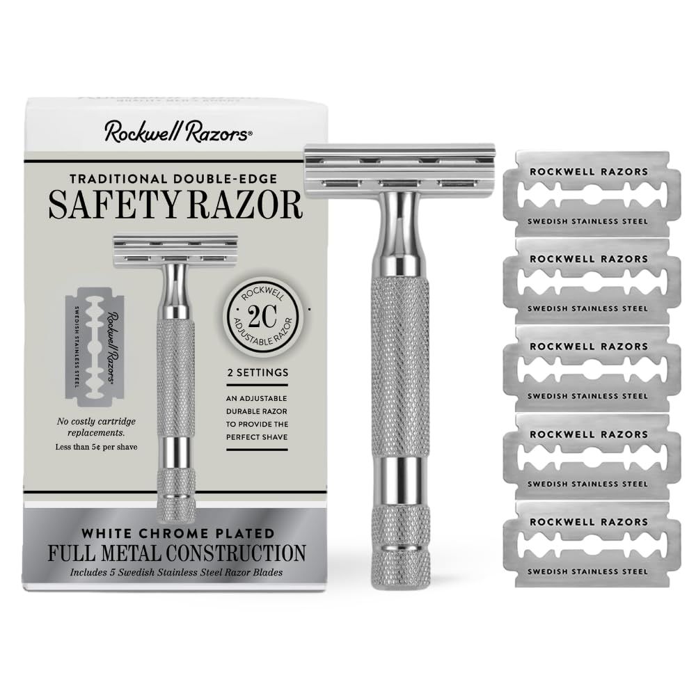 ROCKWELL RAZORS 2C Razor with 5 Blades, 6 Piece Set, White Chrome | 2 Adjustable Shave Settings = TWO razors for the cost of ONE
