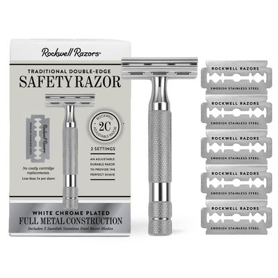 ROCKWELL RAZORS 2C Razor with 5 Blades, 6 Piece Set, White Chrome | 2 Adjustable Shave Settings = TWO razors for the cost of ONE