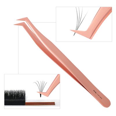 Pretty memory Volume Lash Tweezers,Stainless Steel Eyelash Extension Tweezers, Professional Precision Mega Curved Angled Tweezer, Rose Gold