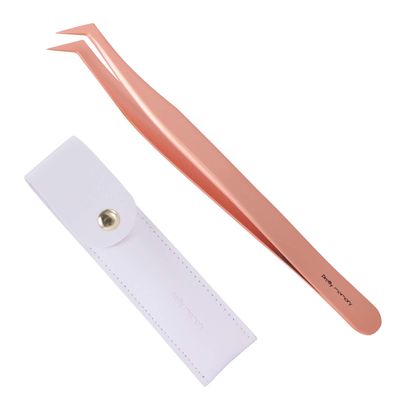 Pretty memory Volume Lash Tweezers,Stainless Steel Eyelash Extension Tweezers, Professional Precision Mega Curved Angled Tweezer, Rose Gold