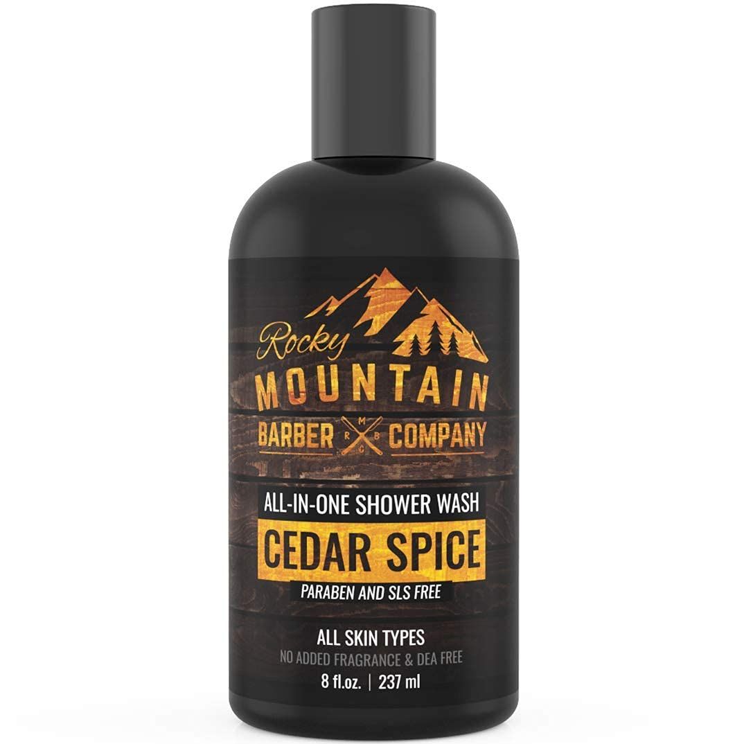 Rocky Mountain Barber Company Cedar Spice All-In-One Body Wash - Shampoo, Body Wash, Conditioner, Face Wash &amp; Beard Wash with Essential Oils - 8 oz