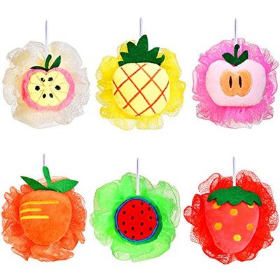 6 Pieces Cute Fruit Bath Shower Sponge Loofahs Mesh Pouf Shower Ball Colorful Cartoon Body Scrubber Balls Shower Mesh for Kids Adults