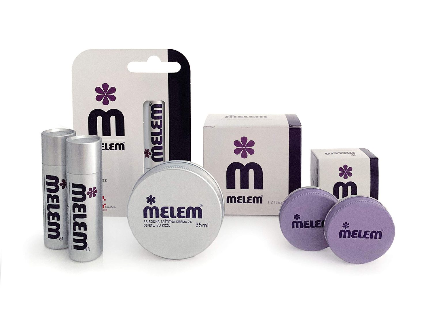 Melem Skin and Lip Balm with Lanolin, Combo Pack, Two Mini Tins (each .34 oz.), One Large Tin (1.2 oz.) and Two Sticks (each .16 oz.)