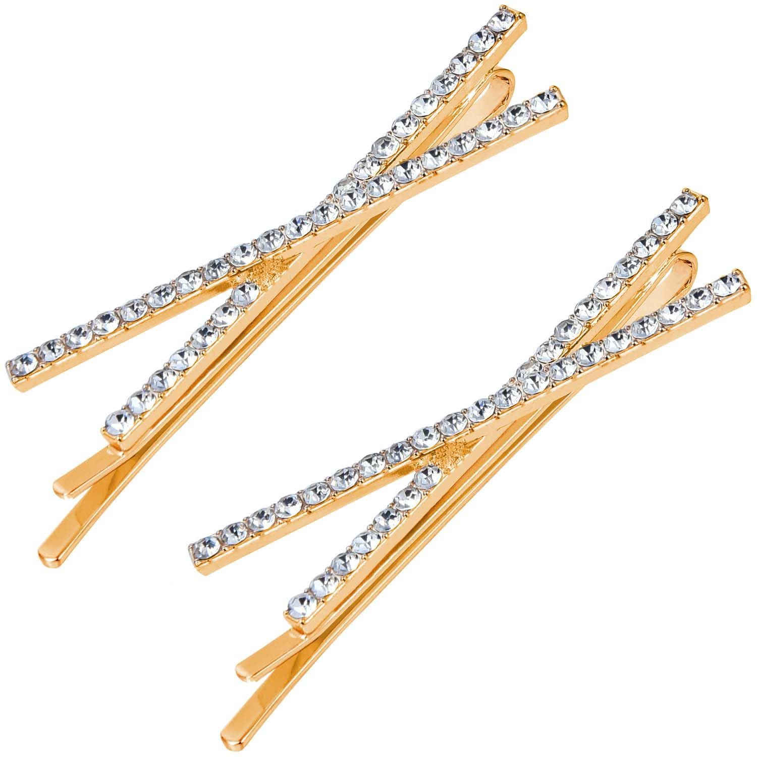 OBTANIM 2 Pcs X Shaped Crystal Hair Pins Cute Metal Shiny Hair Clip Rhinestone Bobby Pin Sparkly Barrette for Women Girls Styling Accessories (Gold)