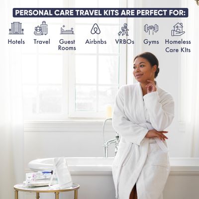 Personal Care Travel Toiletries | 1-Shoppe Amenities Kit | Travel Shaving Set, Toothbrush &amp; Paste, Mouthwash, Makeup Wipes, Swabs, Nail File &amp; Sewing Kit | 300 Pieces
