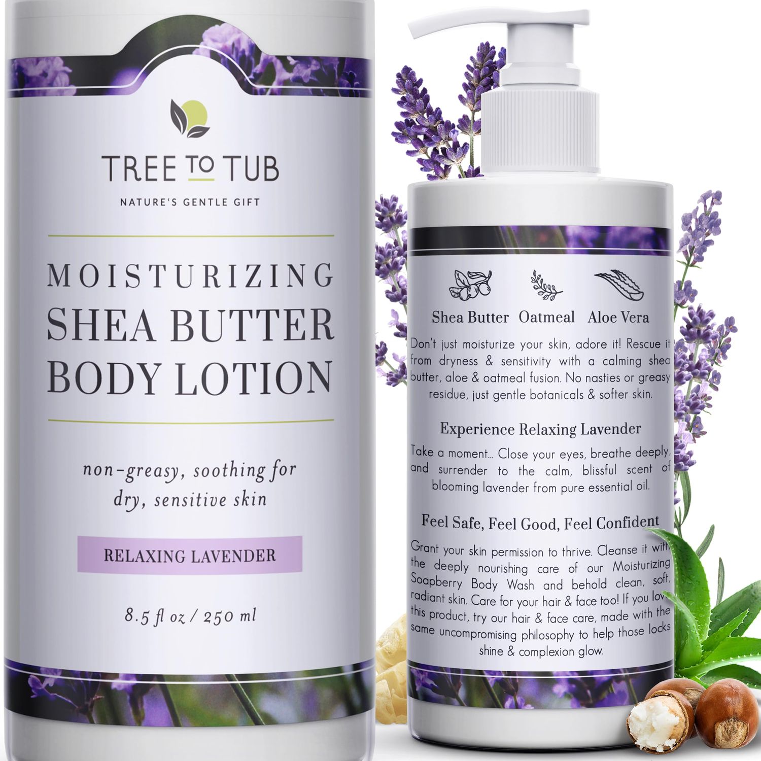 Tree to Tub Lavender Shea Butter Body Lotion for Dry Skin - Moisturizing Sensitive Skin Lotion for Women &amp; Men, Vegan Body Moisturizer w/Organic Aloe Vera, Cocoa Butter, All Natural Colloidal Oatmeal
