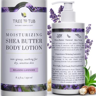 Tree to Tub Lavender Shea Butter Body Lotion for Dry Skin - Moisturizing Sensitive Skin Lotion for Women &amp; Men, Vegan Body Moisturizer w/Organic Aloe Vera, Cocoa Butter, All Natural Colloidal Oatmeal