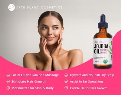 Kate Blanc Cosmetics Jojoba Oil for Hair Growth, Face &amp; Skin. Gua Sha Oil for Face Massage and Dermaplaning (4oz, Organic, 100% Pure, Natural)
