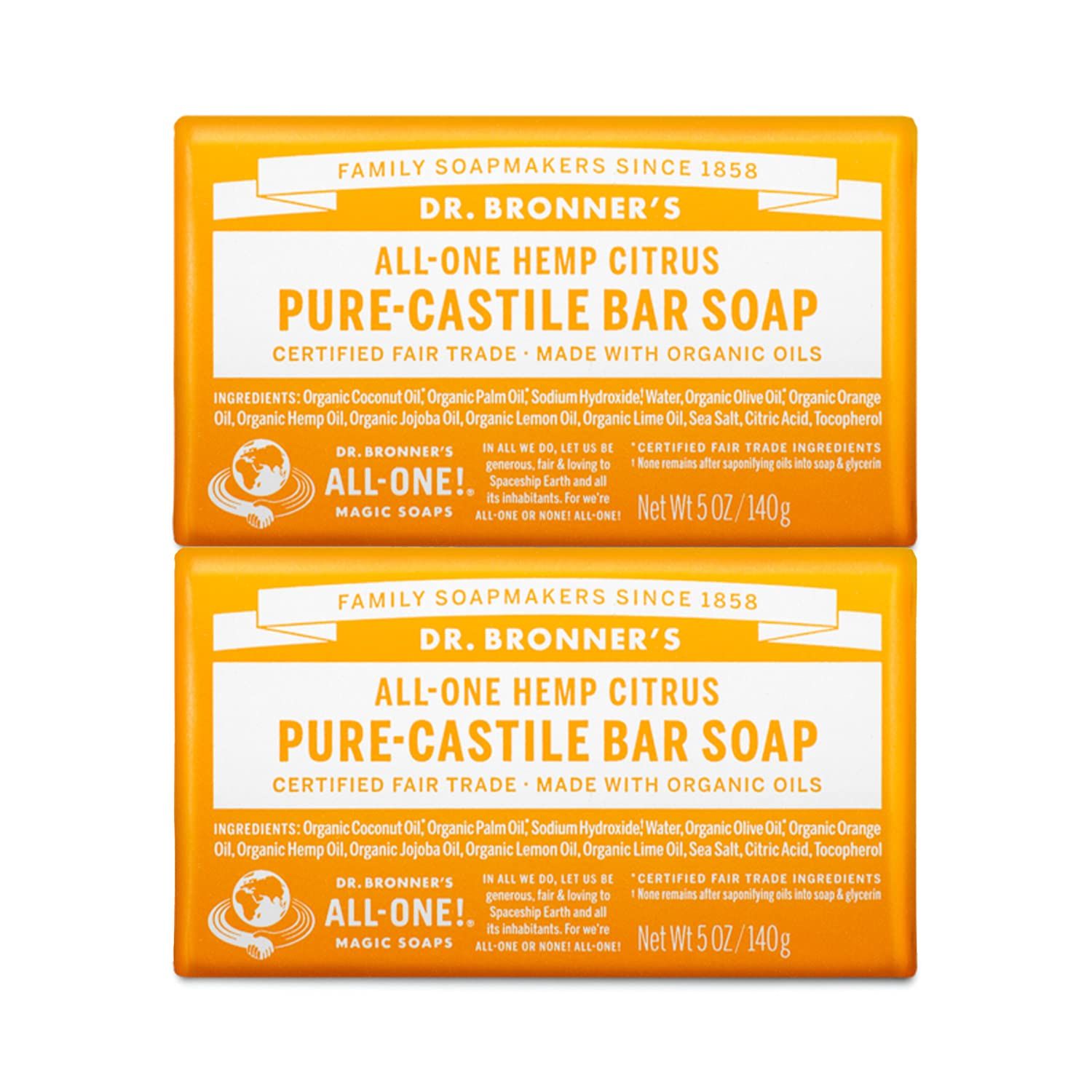 Dr. Bronner&#39;s - Pure-Castile Bar Soap (Citrus, 5 ounce, 2-Pack) - Made with Organic Oils, For Face, Body and Hair, Gentle and Moisturizing, Biodegradable, Vegan, Cruelty-free, Non-GMO