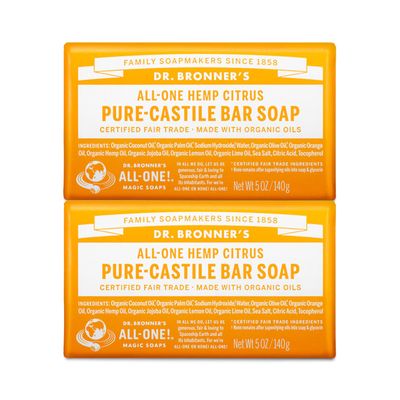 Dr. Bronner&#39;s - Pure-Castile Bar Soap (Citrus, 5 ounce, 2-Pack) - Made with Organic Oils, For Face, Body and Hair, Gentle and Moisturizing, Biodegradable, Vegan, Cruelty-free, Non-GMO