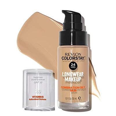 Revlon Liquid Foundation, ColorStay Face Makeup for Combination &amp; Oily Skin, SPF 15, Medium-Full Coverage with Matte Finish, 180 Sand Beige, 1 Fl Oz