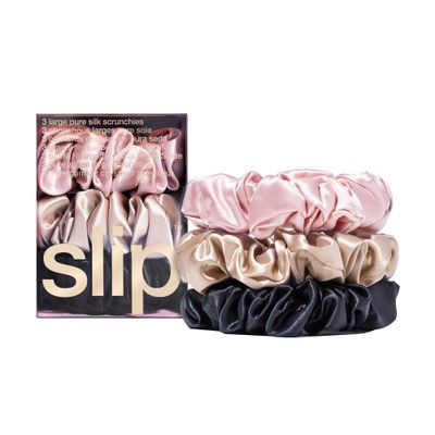Slip Silk Large Scrunchies in Black, Pink, and Caramel - Elastic Scrunchies Set (3 Scrunchies)