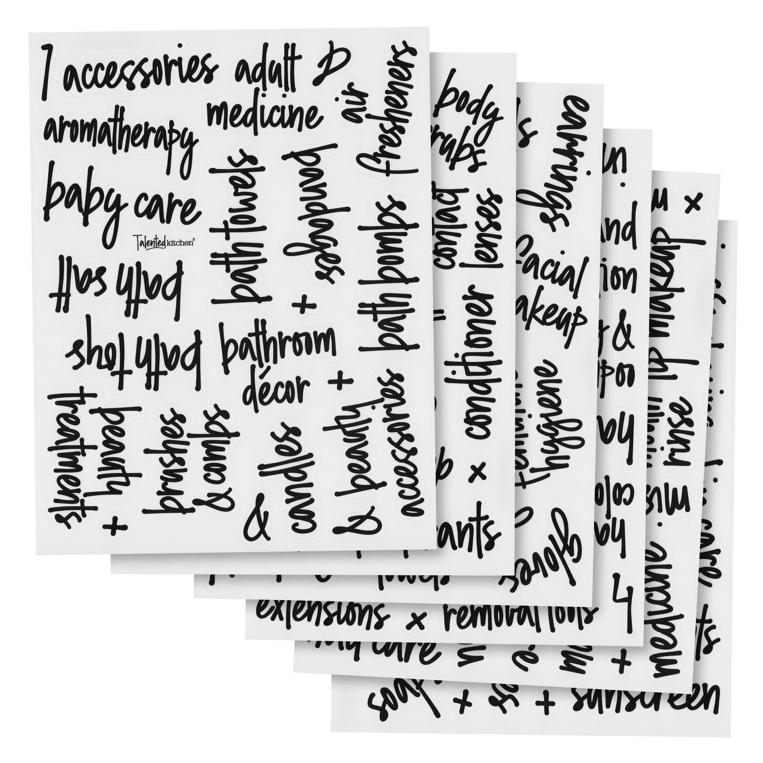 Talented Kitchen 192 Preprinted Bathroom Labels for Containers - Black Script Stickers for Organizer Bins, Bath, Beauty Canisters, and Makeup Storage Organization (Water Resistant)