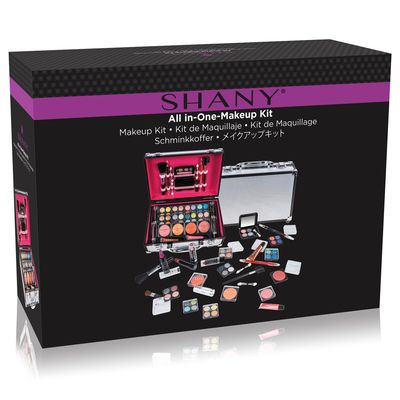 SHANY Carry All Makeup Train Case with Pro Makeup Set, Makeup Brushes, Lipsticks, Eye Shadows, Blushes, Powders, and more - Reusable Makeup Storage Organizer - Premium Gift Packaging - Silver