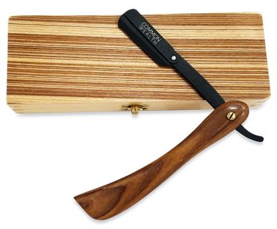 Common Wealth Pure Wood Handle Straight Edge Classic Folding Barber Shaving Razor Vintage Style With Wooden Case Display Box (Black Matte)