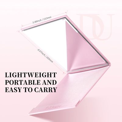 DUcare Folding Mirror Portable Travel PU Portable Adjustable Rectangular Ultrathin Vanity Mirror with Stand Pink