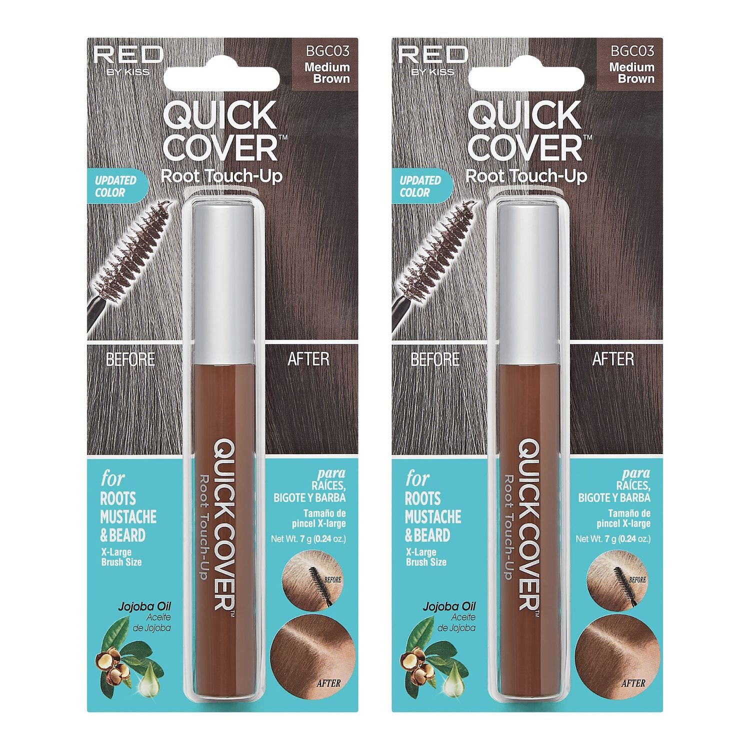 RED by Kiss Quick Cover Root Touch Up Rescue, Mascara Natural Water-Resistant Temporary Gray Concealer Cover Up Brush for Hair Mustache &amp; Beard (Medium Brown) (2Pcs)