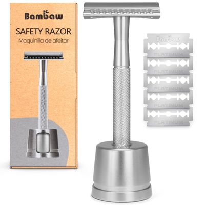 Bambaw Double Edge Safety Razor for Men with Razor Stand, One Blade Metal Razor, Reusable Metal Razor with 5 Double Edge Safety Razor Blades - Silver