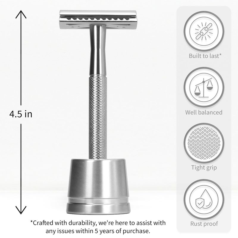 Bambaw Double Edge Safety Razor for Men with Razor Stand, One Blade Metal Razor, Reusable Metal Razor with 5 Double Edge Safety Razor Blades - Silver