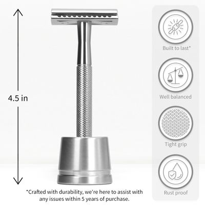 Bambaw Double Edge Safety Razor for Men with Razor Stand, One Blade Metal Razor, Reusable Metal Razor with 5 Double Edge Safety Razor Blades - Silver