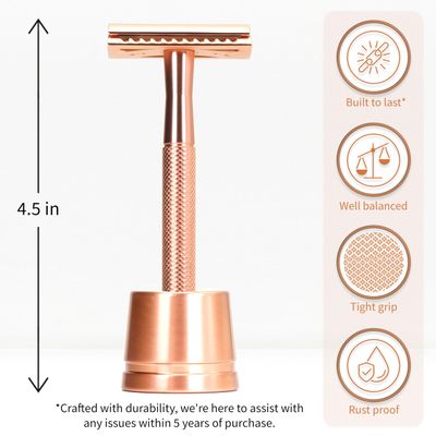 Bambaw Double Edge Safety Razor with Stand, Women Razor with 5 Double Edge Safety Razor Blades, Plastic Free Metal Razor - Rose Gold