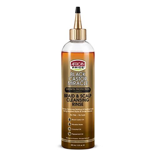 African Pride Black Castor Miracle Braid &amp; Scalp Cleansing Rinse - Removes Hair Build Up &amp; Soothes Scalp, No Frizz, Contains Black Castor Oil, Micellar Water, Coconut Oil, Peppermint Oil, 12 oz
