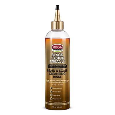 African Pride Black Castor Miracle Braid &amp; Scalp Cleansing Rinse - Removes Hair Build Up &amp; Soothes Scalp, No Frizz, Contains Black Castor Oil, Micellar Water, Coconut Oil, Peppermint Oil, 12 oz