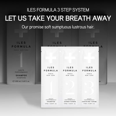 Iles Formula Discovery + Travel Kit: Cleanse, Repair, and Protect All Hair Types, Haute Performance Shampoo + Conditioner + Finishing Serum &amp; Comb, 4 Sachets