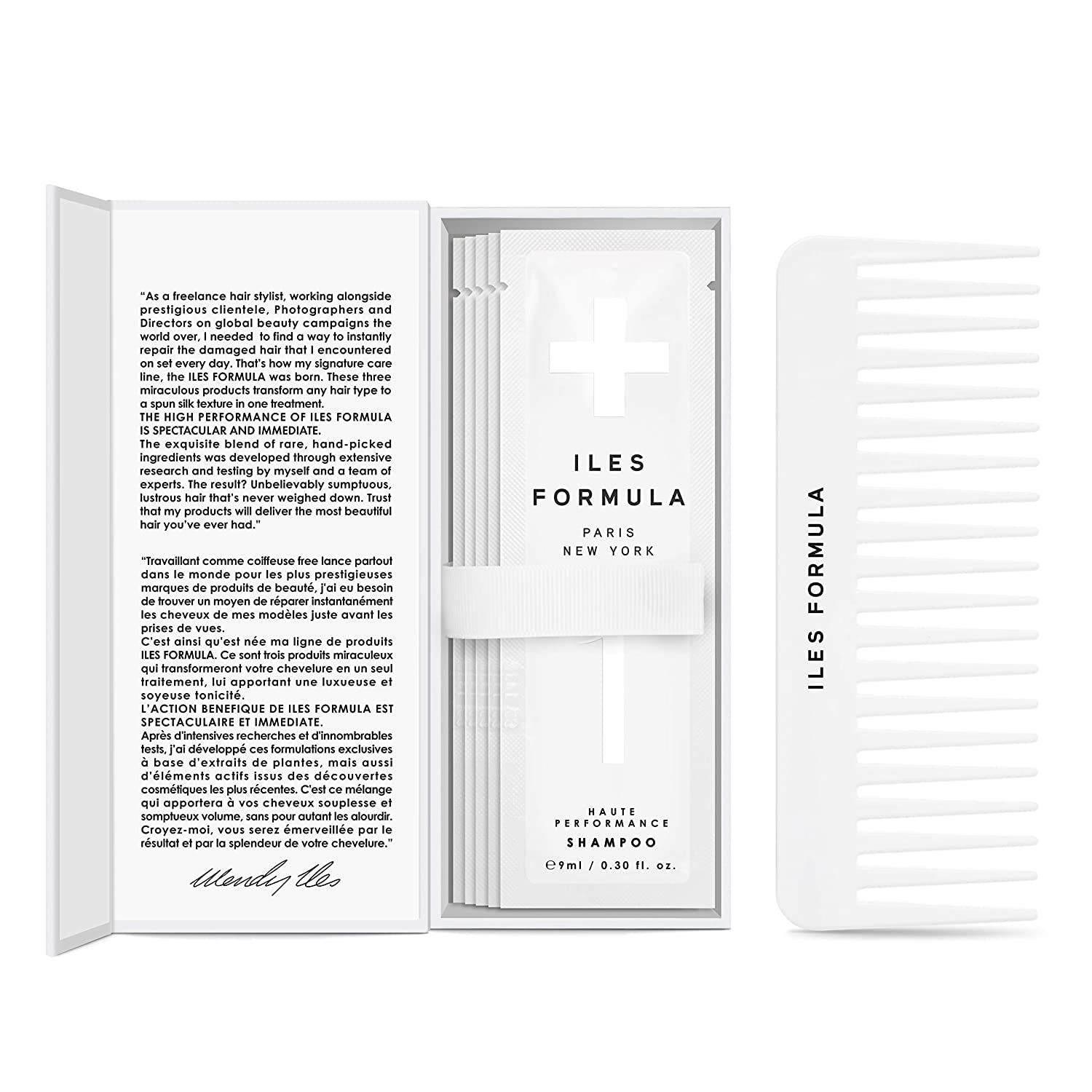 Iles Formula Discovery + Travel Kit: Cleanse, Repair, and Protect All Hair Types, Haute Performance Shampoo + Conditioner + Finishing Serum &amp; Comb, 4 Sachets