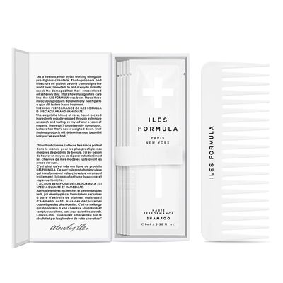 Iles Formula Discovery + Travel Kit: Cleanse, Repair, and Protect All Hair Types, Haute Performance Shampoo + Conditioner + Finishing Serum &amp; Comb, 4 Sachets