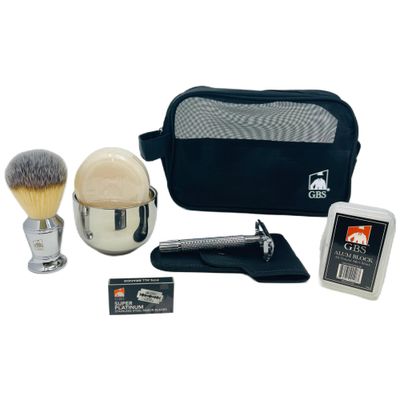 G.B.S Men Deluxe Travelling Kit - Butterfly Double Edge Safety Razor, Chrome Shaving Brush, Soap Bowl, Natural Shaving Soap with Alum Block, Mesh Toiletry Bag