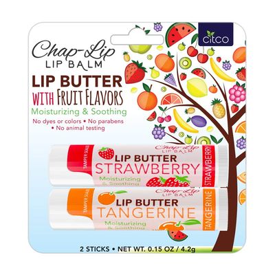 CHAP-LIP Lip Butter Lip Balm with Fruit Flavors, Cocoa Butter, Coconut Oil | Moisturizing Vitamin E &amp; Total Hydration Treatment &amp; Soothing Lip Therapy (2 Count - Strawberry &amp; Tangerine)