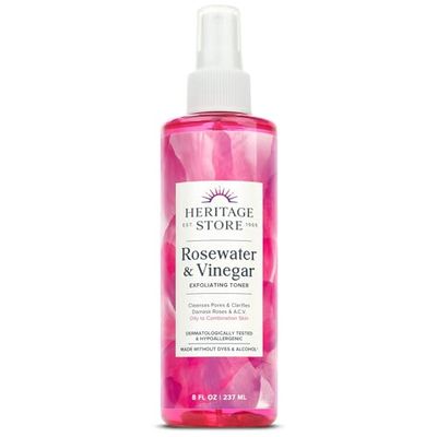 HERITAGE STORE Rosewater &amp; Vinegar - Exfoliating Toner with Apple Cider Vinegar - Oily to Combination Skin - Refreshing Facial Mist Cleans, Refines Pores and Clarifies Skin Hypoallergenic, Vegan, 8oz