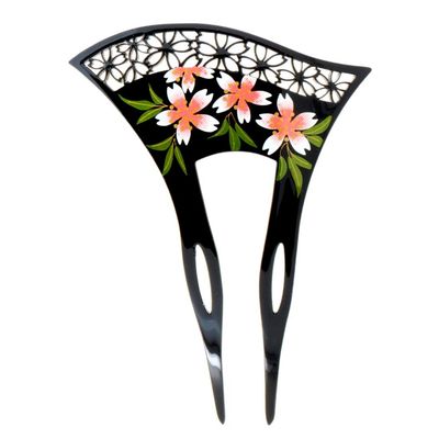 YOY Fashion Hair Decor Japanese Traditional Style Hair Comb Pins Picks Pics Forks for Women Girls Hair Accessory Two Prong with Floral and Hollow Out Flower, Black