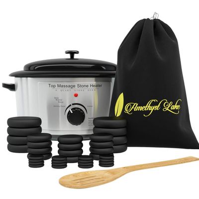 Amethyst Lake Hot Stones Massage Set With Warmer Pot - 36 Basalt Hot Stone 6 Quart Oven Water Heater Kit, Portable &amp; Perfect for Salon and Home Use with Black Velvet Drawstring Bag &amp; Wood Spatula
