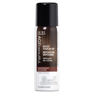 AGE beautiful Root Touch Up Hair Color Spray | Touch-Up Gray Concealer | Temporary Cover Up | Adds Volume &amp; Covers Thinning Patches | Water, Sweat, Stain Resistant | Medium Brown | 2 Fl Oz