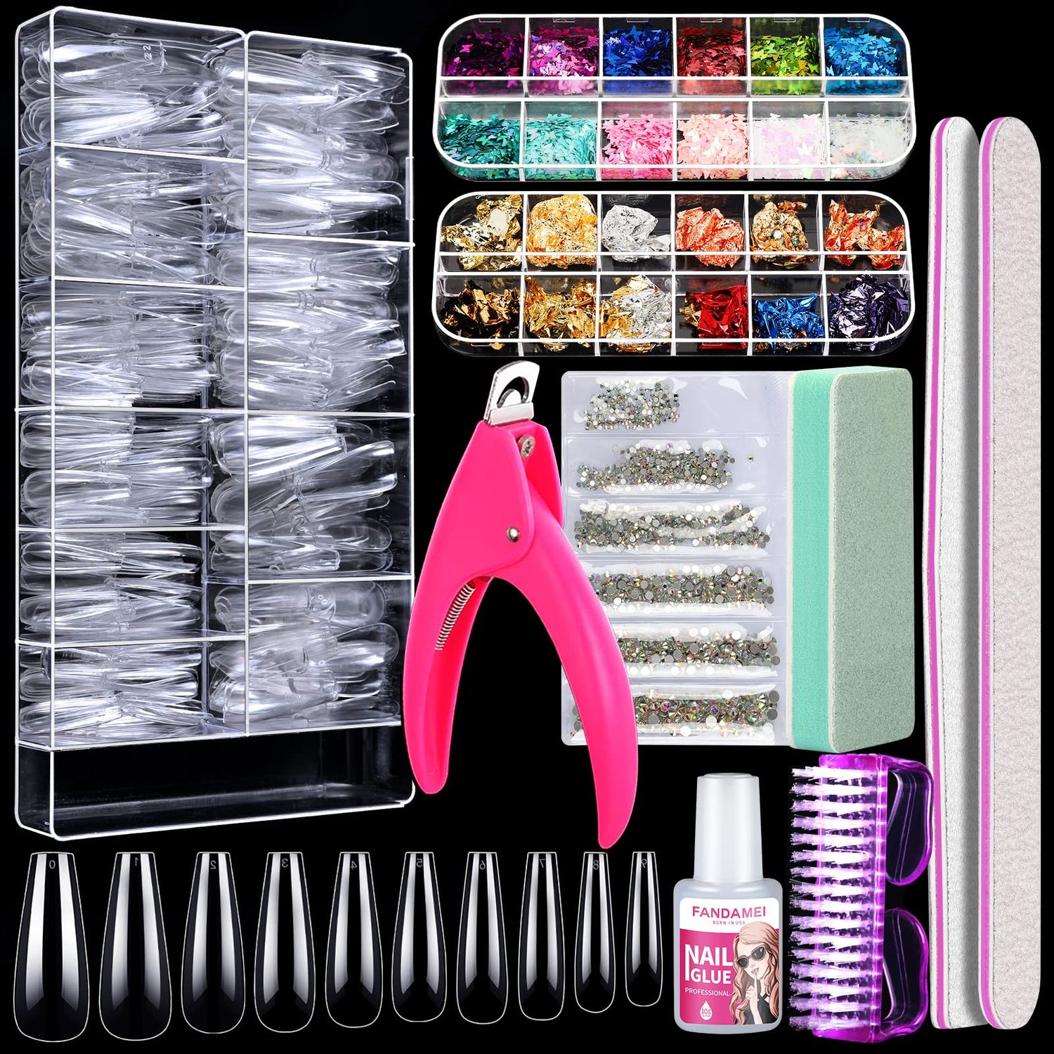 FANDAMEI Acrylic False Nail Tips kit, 600 PCS Full Cover Clear Fake Nail Tips with Nail Glue, Nail Butterfly Glitter, Nail Foil Chip, AB Nail Rhinestones,Nail Clipper,Nail File, Nail Brush,Nail Buffer
