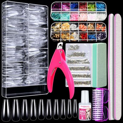 FANDAMEI Acrylic False Nail Tips kit, 600 PCS Full Cover Clear Fake Nail Tips with Nail Glue, Nail Butterfly Glitter, Nail Foil Chip, AB Nail Rhinestones,Nail Clipper,Nail File, Nail Brush,Nail Buffer