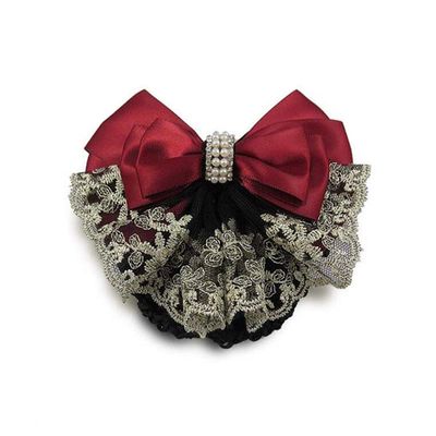 2Pcs Professional Hair Bun Cover Net Snood Hairnet Bowknot with Fan-shaped Lace Pearl Crystal Decoration Barrette Hair Clip Hair Accessories for Womens Nurse Stewardess with Work Clothes (Red)