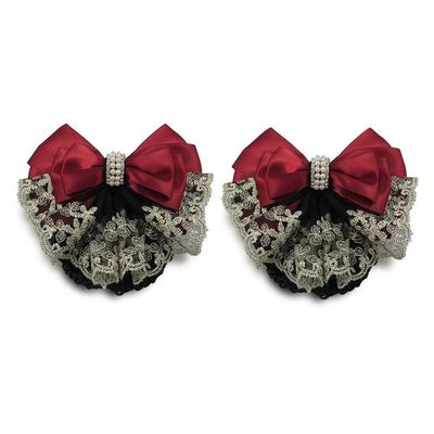 2Pcs Professional Hair Bun Cover Net Snood Hairnet Bowknot with Fan-shaped Lace Pearl Crystal Decoration Barrette Hair Clip Hair Accessories for Womens Nurse Stewardess with Work Clothes (Red)
